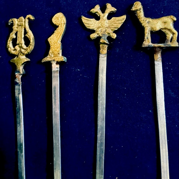 Vintage-Turkish BBQ skewers-stainless steel w brass asst decorative tops-set of4 - Picture 1 of 3